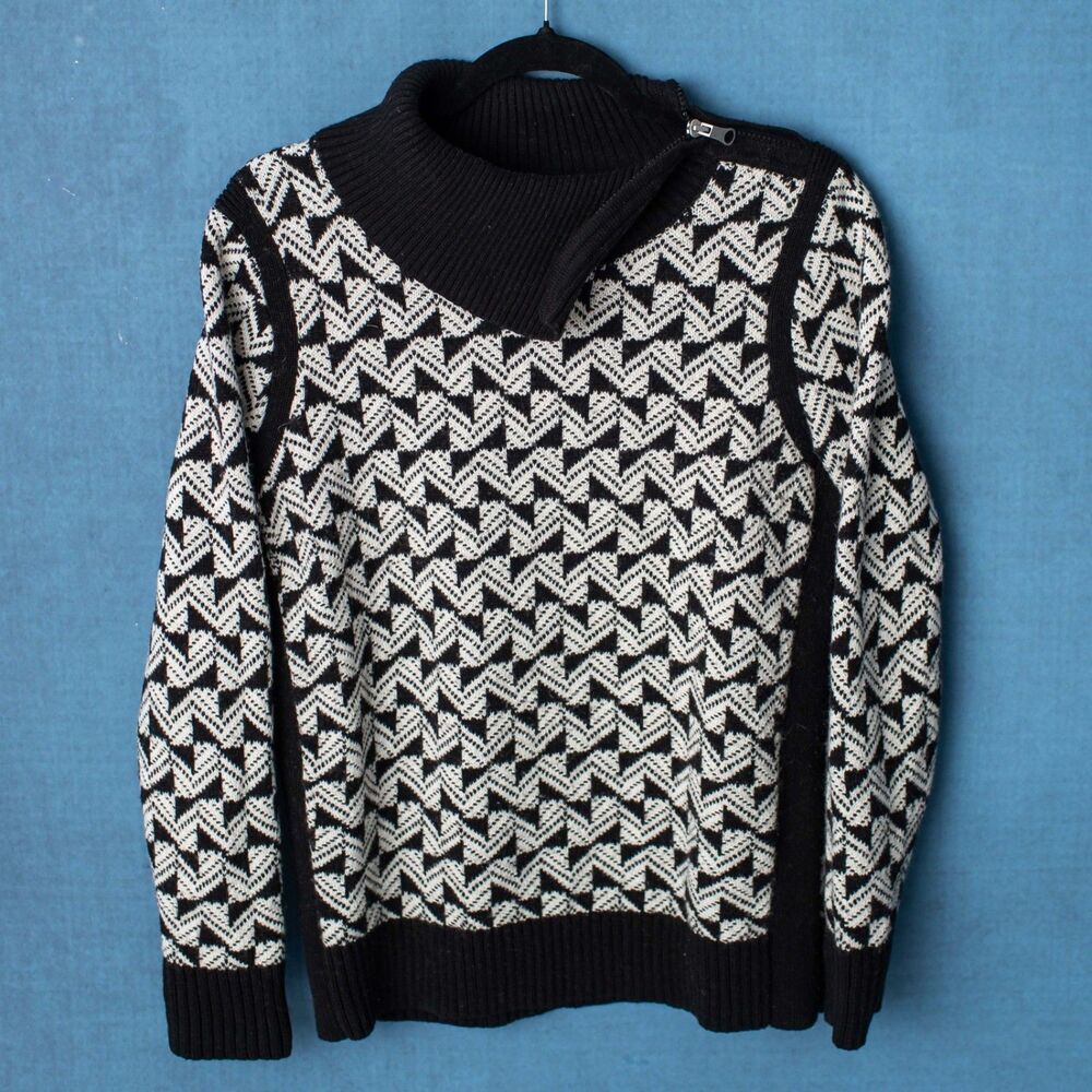 Talbots Women Medium Black White Geometric Wool Blend Zip Turtleneck Sweater
